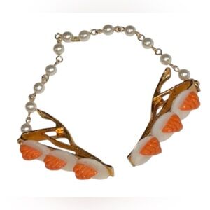 Vintage Sweater Guard Cardigan Clip Faux Coral Shell Pearl Gold Tone Mid Century